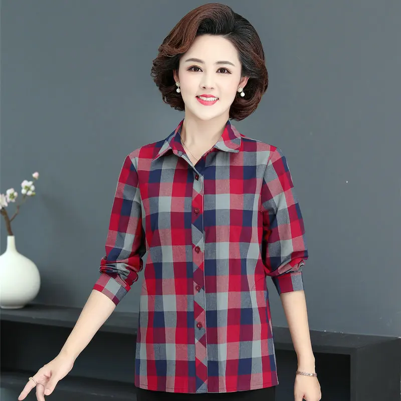 

Red Orange Plaid Shirt Woman Casual Long Sleeve Turn Down Collar Cotton Tops Women Daily Clothes Mother Autumn Spring Shirts New