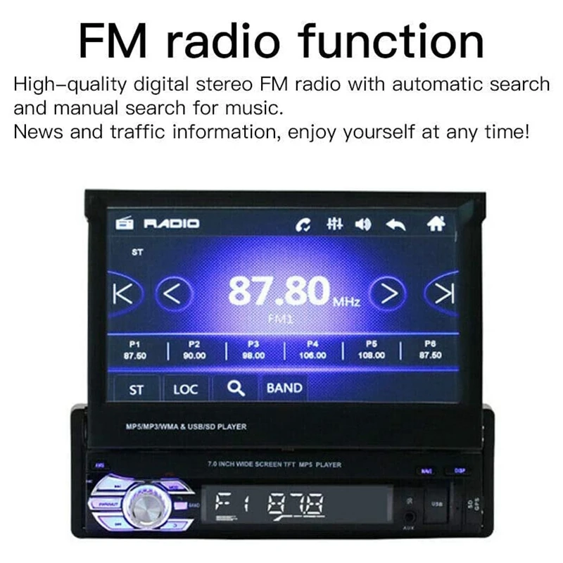Car Stereo MP5 Player 7 Inch Retractable Press Screen Support 1080P USB Port Bluetooth AUX FM/AM Radio | Автомобили и мотоциклы