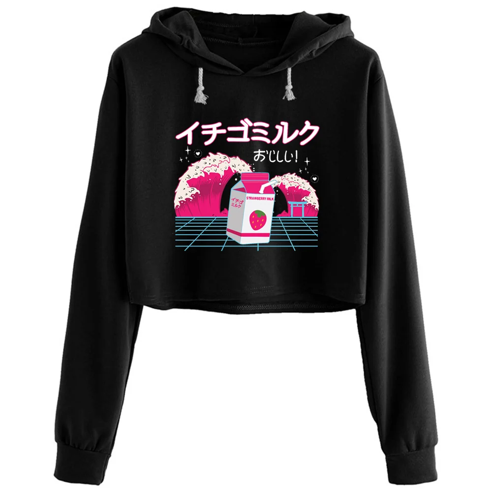 

Эстетика вапорайзер волна японская клубника молоко укороченные толстовки женские корейские Y2k Kawaii Goth пуловер для девочек
