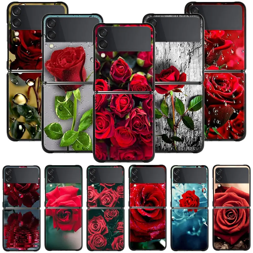

Hard Phone Case For Samsung Galaxy Z Flip3 5G Z Flip PC Shell Black Cover Smartphone Fresh Red Roses Flowers