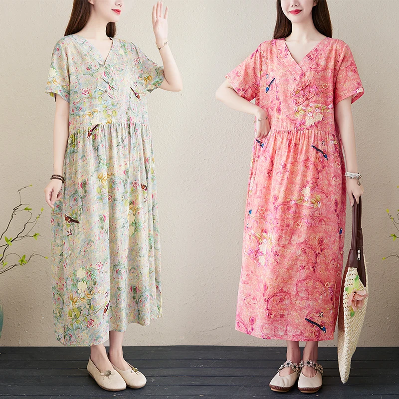 Платье женское хлопково льняное свободного кроя с V образным вырезом|Женские