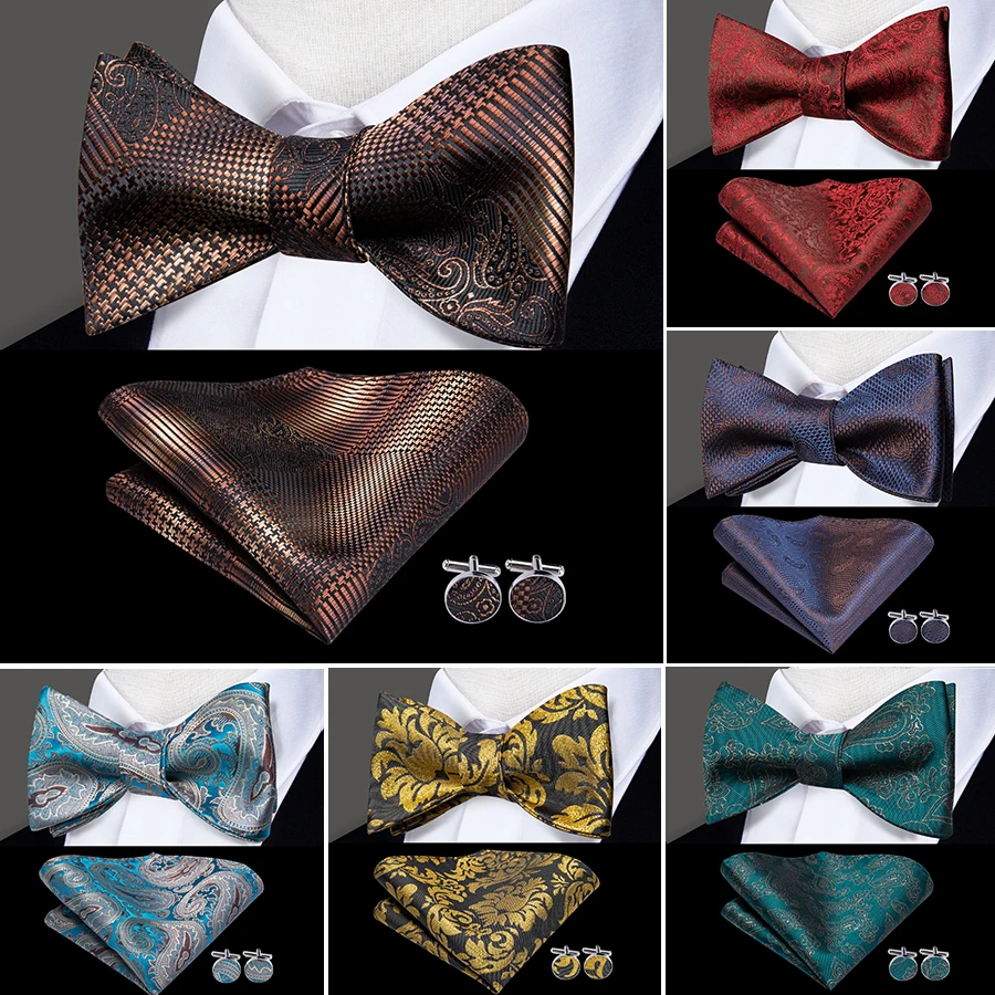 

Галстук-бабочка мужской, из LH-2037 шелка, коричневый, в клетку, с запонками, 100%