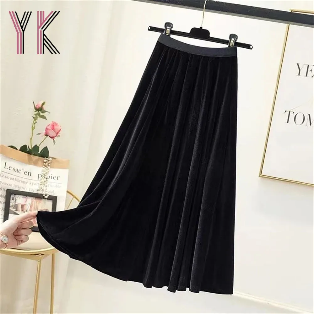 

Big Swing Velvet Elastic Band High Waist Loose Midi Skirt Solid Color Autumn Winter Warm Women Sukienka Wild Korean Fashion Saia