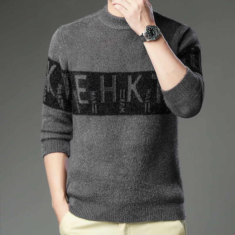 Men high-end round neck sweater 2021 new men's autumn winter warm fashion knitted pullover male Fleece letter casual sweater