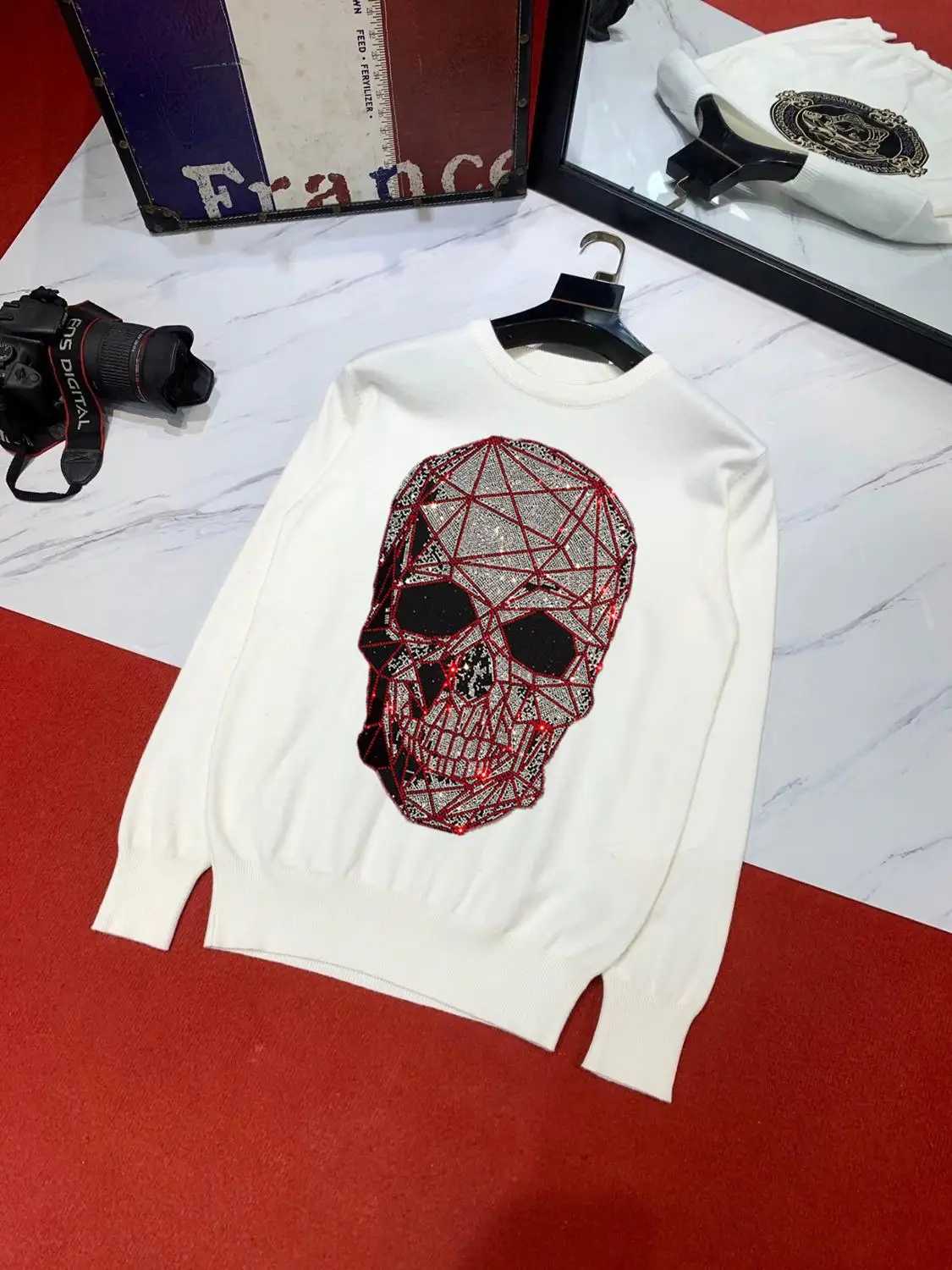 M 5XL Повседневный зимний мужской свитер с изображением стразы в форме черепа