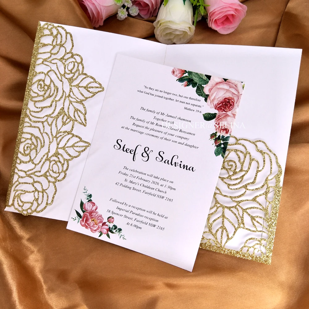Роскошные блестящие карманные приглашения на свадьбу с лазерной резкой и rсвп 30 +