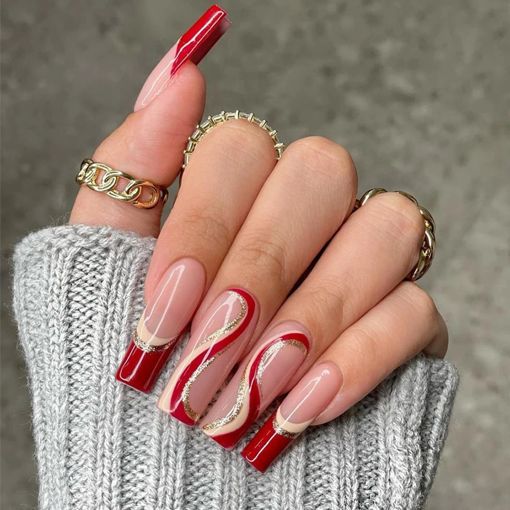 

Wine Red Wavy Coffin Fake Nails Long French False Nails Detachable Full Nail Accessory Art Tips Manicure Tools Press On Nails