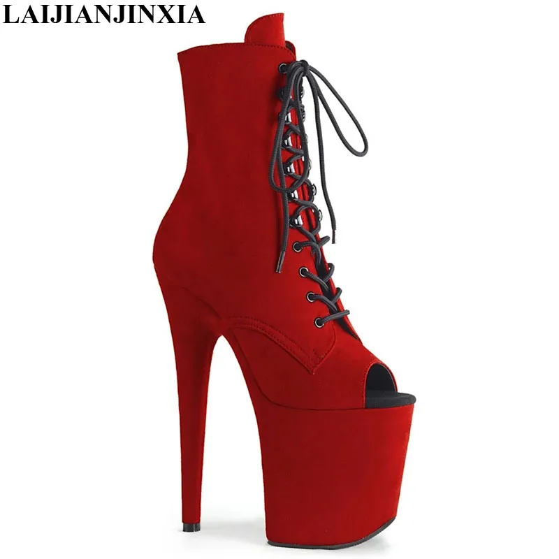 

LAIJIANJINXIA New Knight Female 20CM High Heel Women's Ankle Boots Women Peep Toe Shoes Flock Sexy Nightclub Pole Dancing Boots