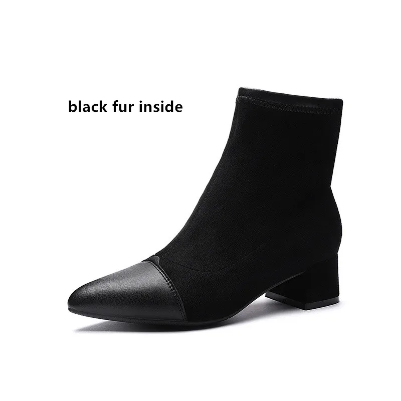 black fur Женские ботинки; полусапожки из флока с острым носком на квадратном каблуке; зимние плюшевые пинетки; коллекция года; женские черно-бежевые Ботинки Martin без шнуровки - Цвет: black fur