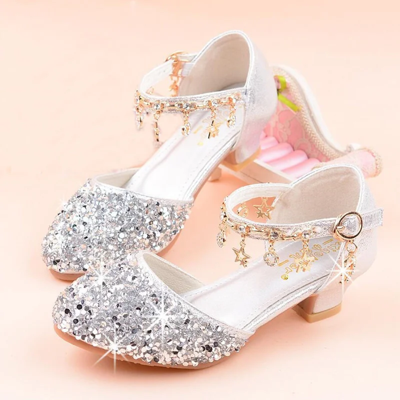 

Flower Children Rhinestone Princess Dress Shoes For Girls Silver High Heels Model Show Crystal Single Shoes 6 8 10 14 16 Years