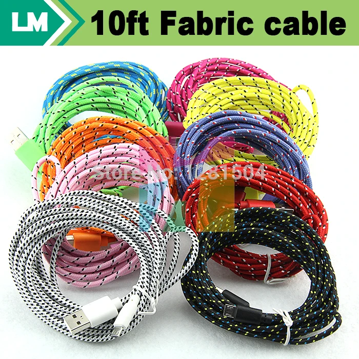 300 шт./лот цветной 10 футов 3 м Универсальный Micro USB адаптер тканевый нейлоновый