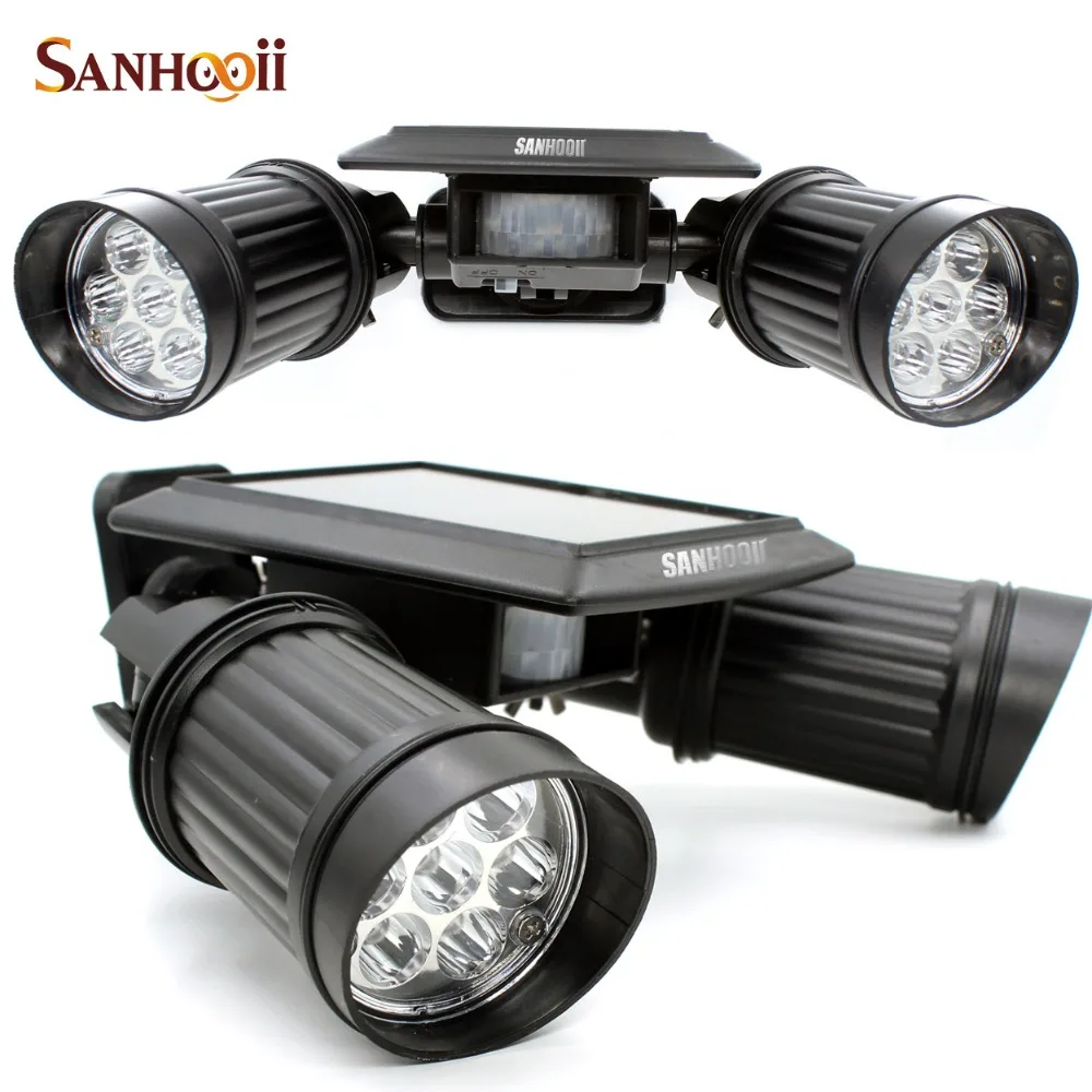

SANHOOII Outdoor Rotatable Solar Power Dual Head Spot Light PIR Motion Sensor Garden Yard Wall Security Lamp 14 LED Spotlight