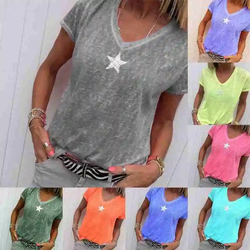 

Summer Star Printed T Shirt Women Casual Loose V-Neck Sleeve Top Oversized T-shirt de T-shirts Female camisetas mujer 5XL S L8T2