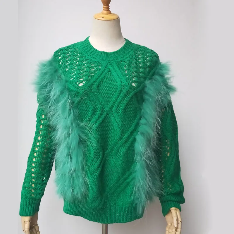 

Long Sleeve Women Knitted Pullover Tops With Raccoon Fur O-neck Hollow Out Long Sleeve Pull Jumpers With Natural Raccoon Fur