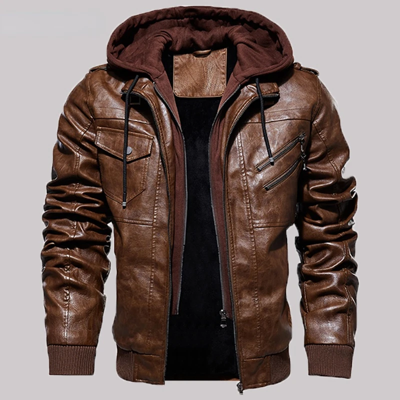 

Casual Motorcycle PU Jacket Mens Winter Autumn Fashion Leather Jackets Male Slim Removable Hooded Warm Outwear Fleece Clothing