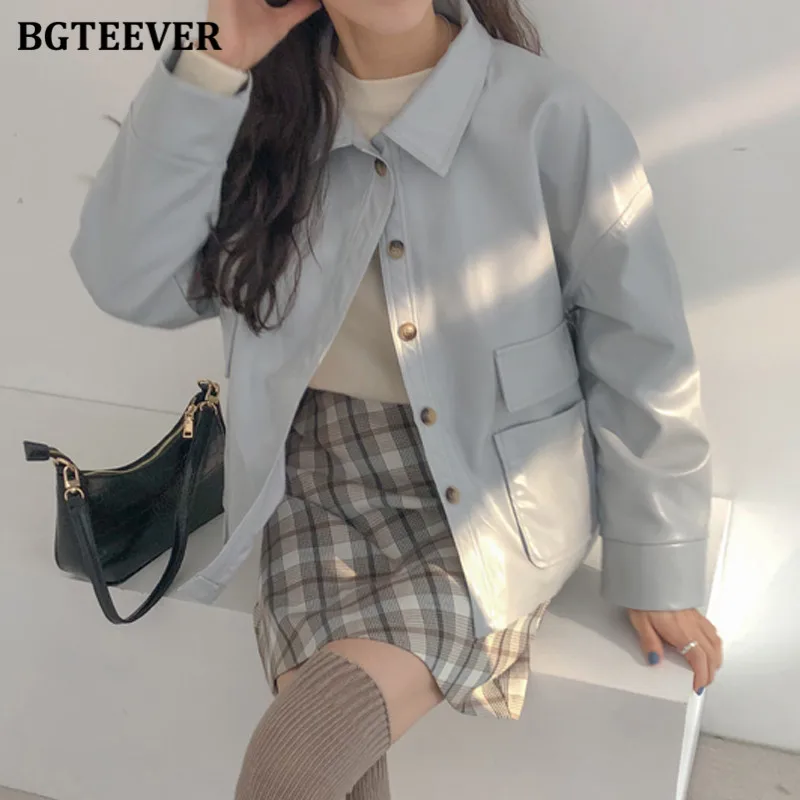 

BGTEEVER Casual Loose Women PU Leather Jackets Fashion Single-breasted Pockets Female Outwear Tops Spring Faux Leather Jackets