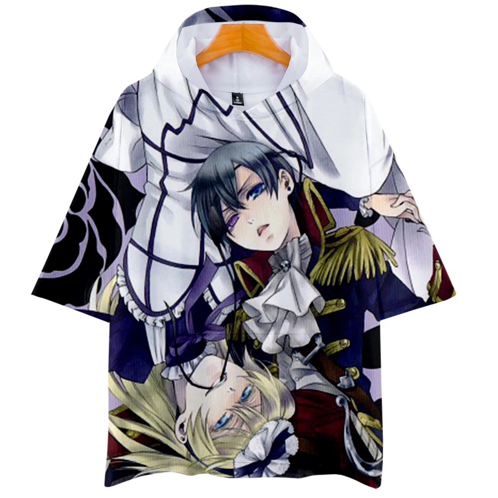 

Классические толстовки с 3D-принтом черного Батлера, футболка с капюшоном из аниме, летняя модная Крутая толстовка с коротким рукавом для от...