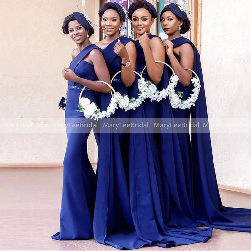 

2021 Royal Blue Mermaid Bridesmaid Dresses With Streamer Beads Sash African Women Maid Of Honor Gowns vestido de fiesta de boda
