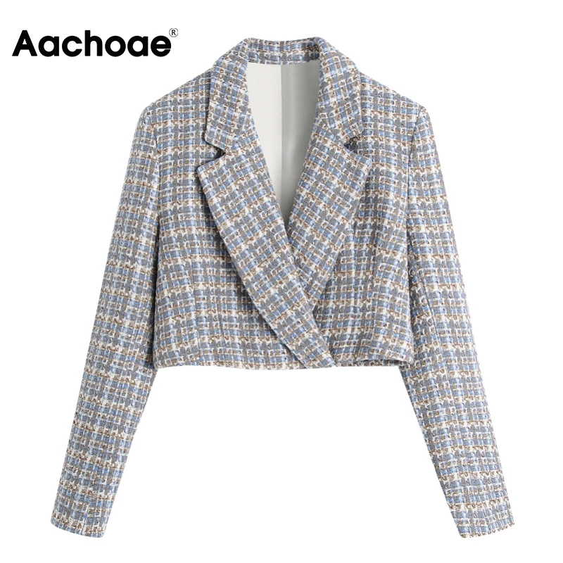 

Женские укороченные блейзеры Aachoae, винтажный твидовый пиджак с длинным рукавом и английским воротником, верхняя одежда, 2021