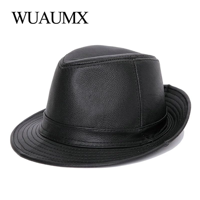 

Simple Genuine Leather Cow Leather Fedora Hat For Men Women Cowskin JAZZ Hats Flat Top Gentleman British Style Fedoras Panama