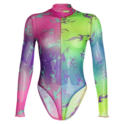 Colorful Bodysuit Rawpriter сексуальное прозрачное лоскутное боди с пламенем для женщин осень водолазка с длинным рукавом прозрачное боди с открытой промежностью - Цвет: Colorful Bodysuit