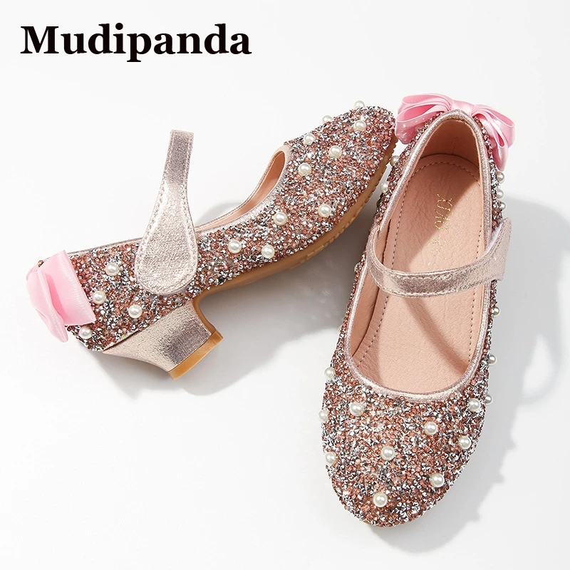 

Child's Kids Shoes 2021 New Girls Rhinestone Princess Shoes Child's Leather Show Crystal High-heeled Children's Shoes Pink