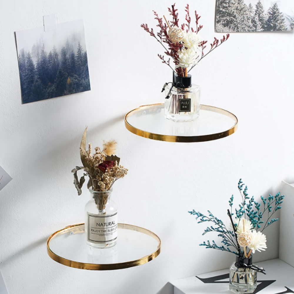 

Wall Mounted Gold Glass Shelf Wall Mounted Round Gold Glass Storage Items Hanging Storage Rack