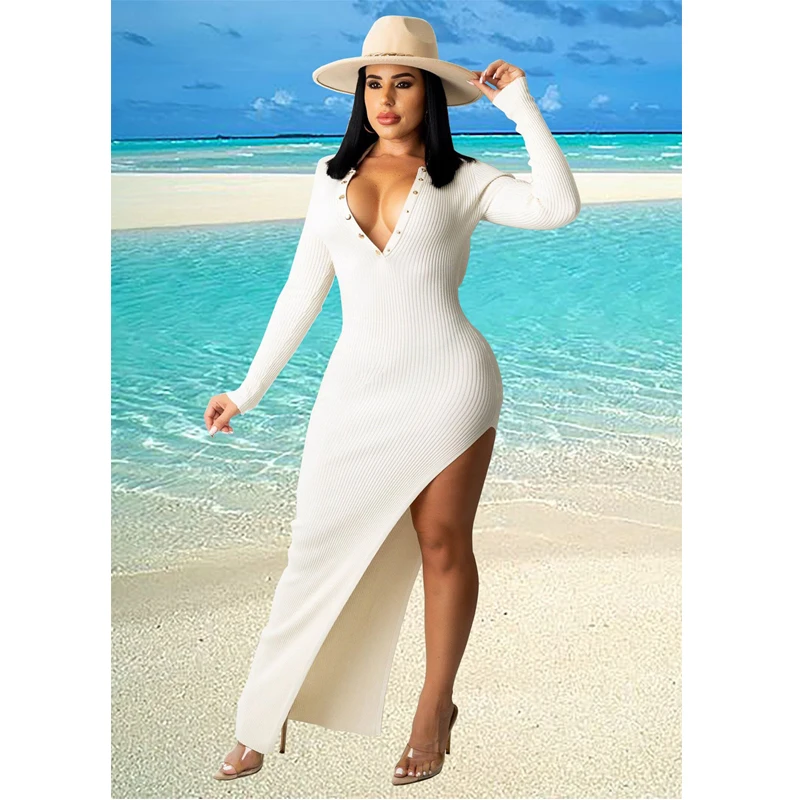 

TNNAOFF Solid Rib Knitted Button Shirt Dress for Women Fall Sexy Long Sleeve V-neck Backless Casual Vacation Irregular Dresses