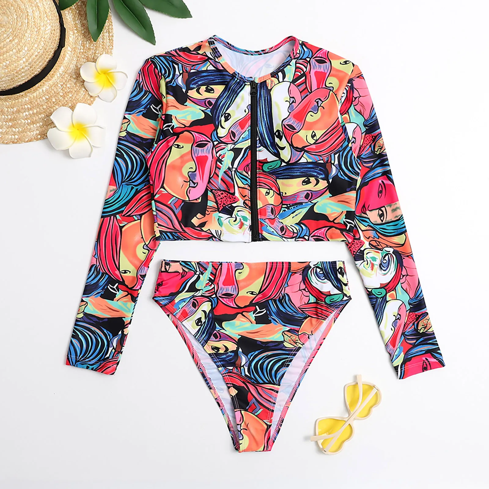 Пляжная одежда больших размеров для женщин - сексуальный бикини "Бохемский стиль" с молнией на груди, V-образным вырезом и кружевным галстуком. Набор из двух частей купальника с высоким разрезом.