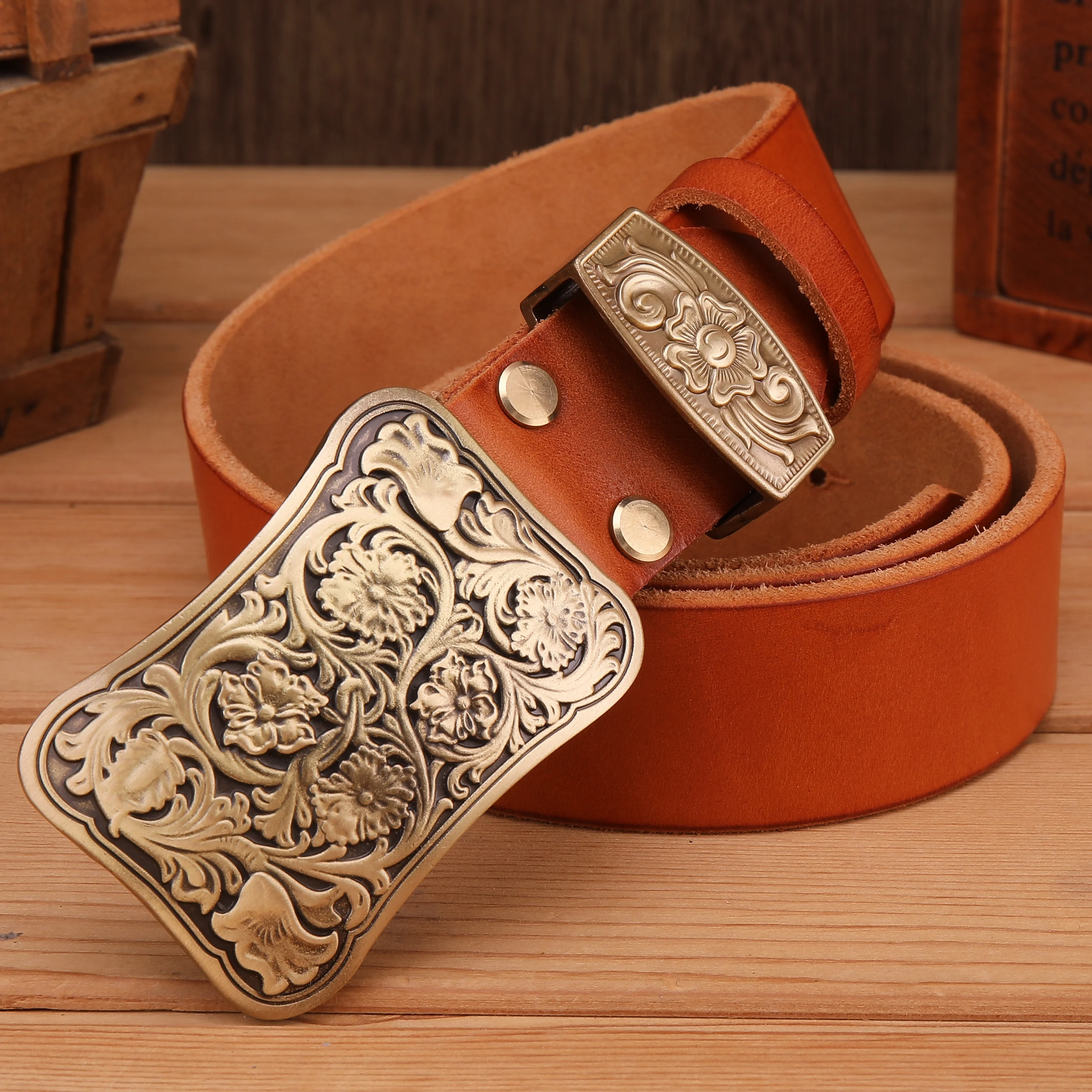 

solid brass flower buckle brown black mens belts luxury full grain cowhide genuine leather high quality vintage gold waist women