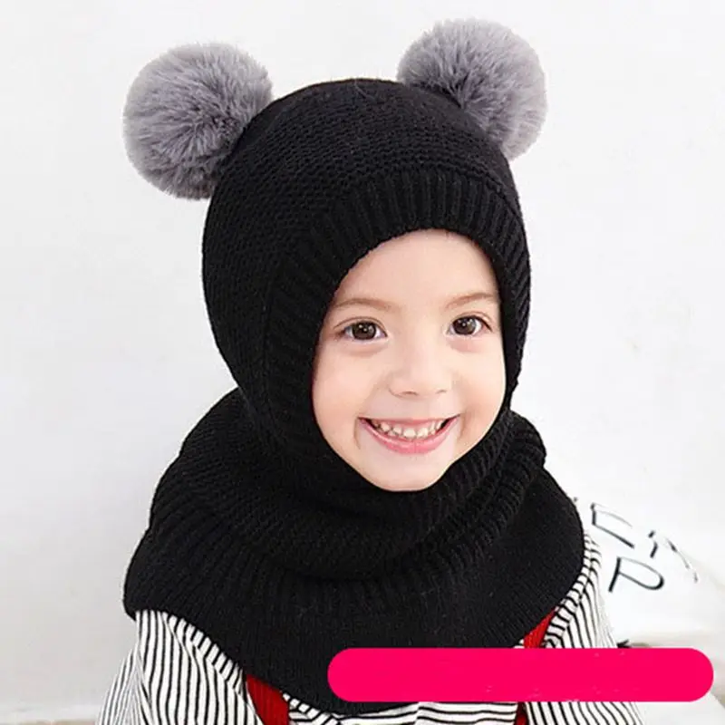 Детская зимняя шапка вязаная шапка-ушанка с двумя шариками модная ветрозащитная
