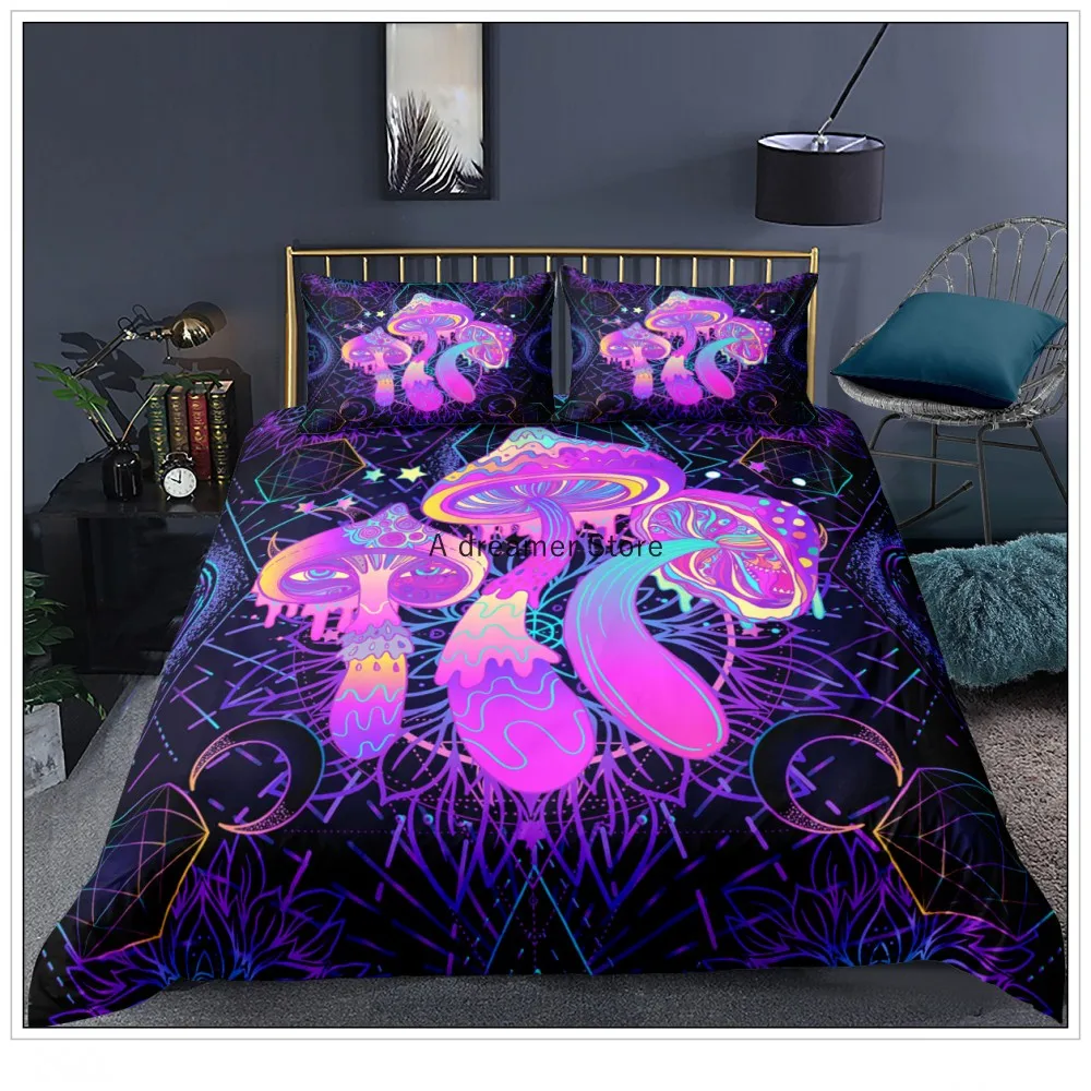 

Fashion Bedding Set Psychedelic Mushroom Duvet Cover Pillow Sham Queen Size 3piece Soft Microfiber Purple Mushroom Bedclothes
