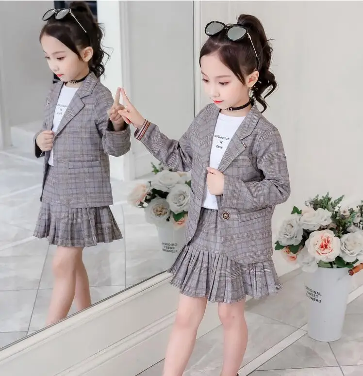 Весенняя одежда для девочек деловой костюм клетчатые пальто и юбка комплекты