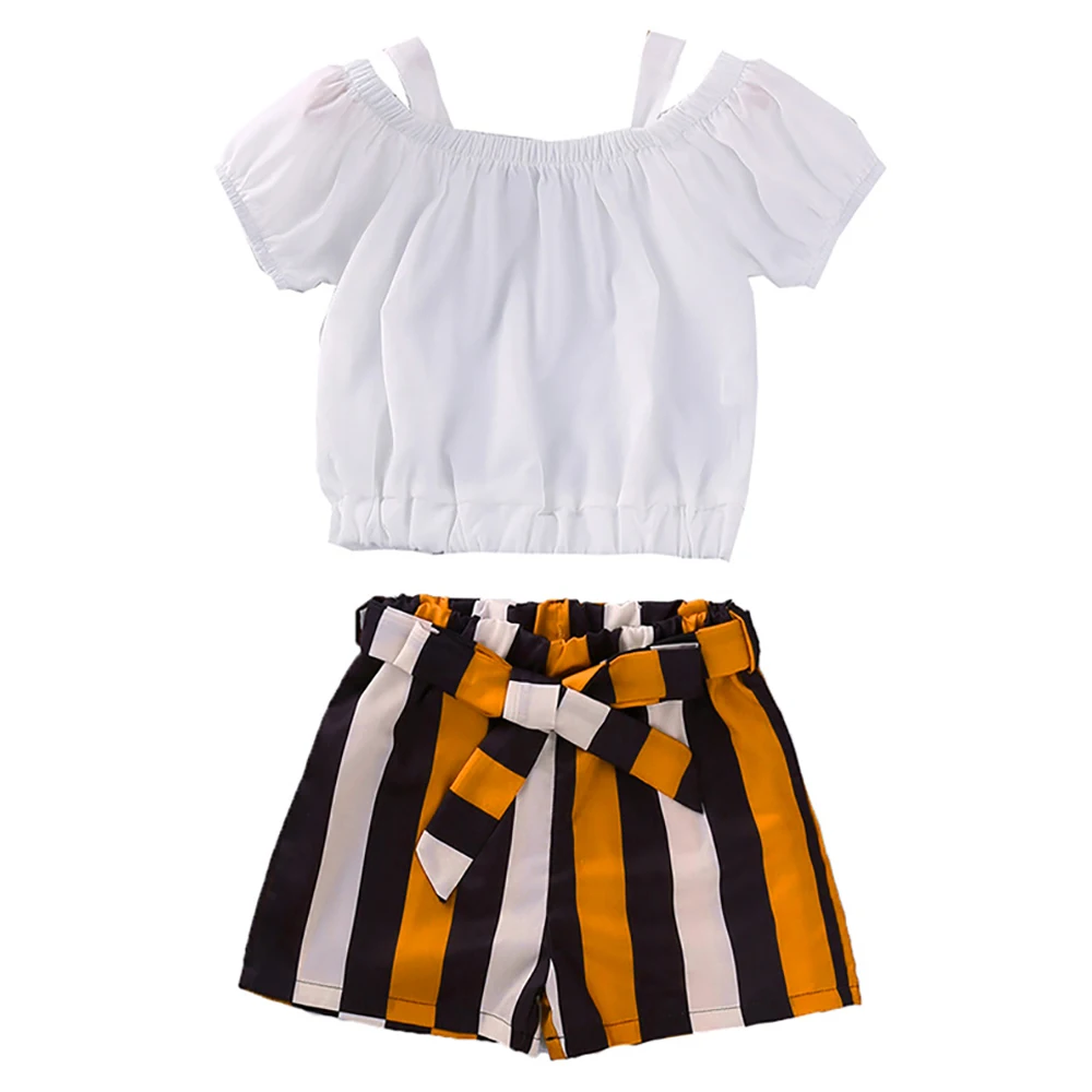 

Наряды для девочек, однотонный белый топ и шорты в полоску, модная одежда, комплект детской одежды для девочек, комплект из 2 предметов, Детск...