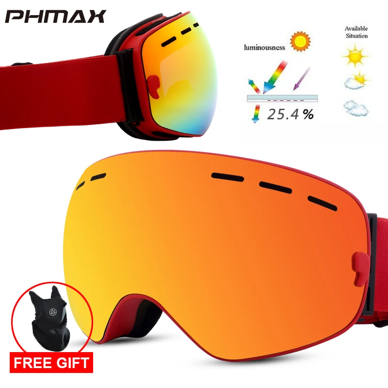PHMAX Band сноуборд лыжные очки двухслойные очки для катания на лыжах UV400 защита снежные лыжные очки Анти-туман Лыжная маска - Цвет: Red