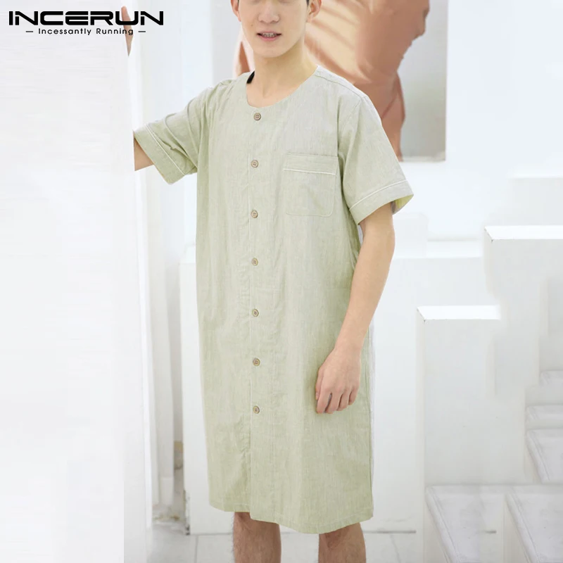 

Summer Buttons Bathrobes INCERUN Men Solid Color Sleep Robes Leisure Short Sleeve V Neck Nightgown Man Comfy Cotton Homewear 5XL