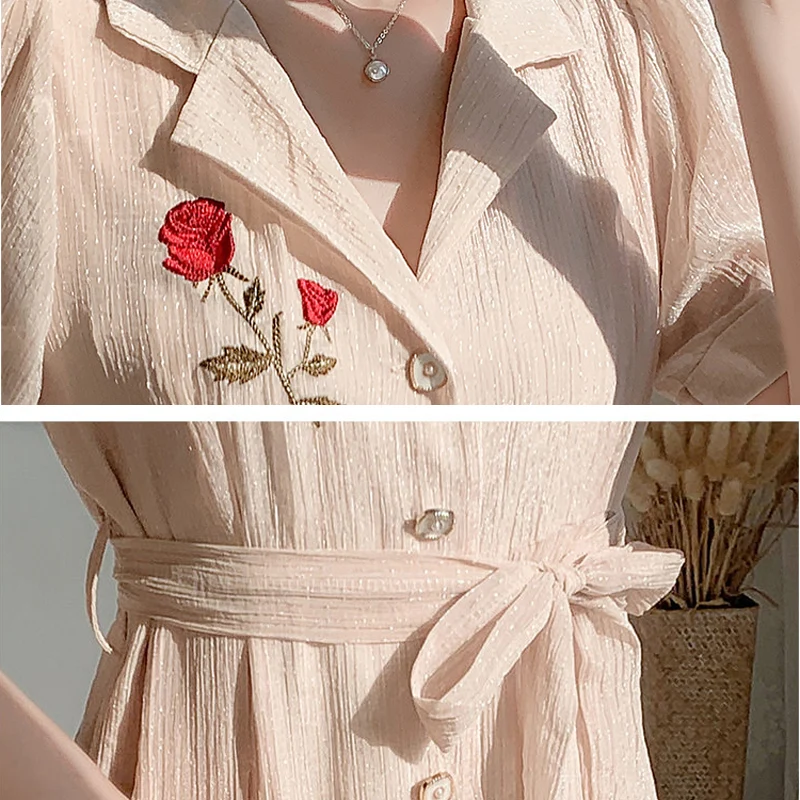 

2021 New Women Summer Dress Fashion Embroidery Vintage Chiffon Dress Casual Short Sleeve Slim Elegant Office Lady Dresses