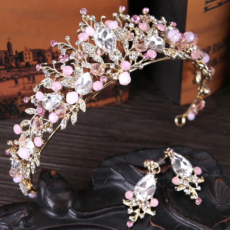

Pink Wedding Crown Gold Royal Bridal Tiara Queen Bride Crown And Earring Pageant Baroque Headband Princess Hair Jewelry Ornament