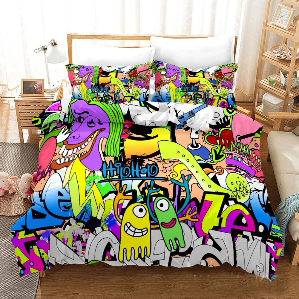 

3D Graffiti Printed Bedding Set Funny City Street Pattern Bed Linen Duvet Cover Set with Pillowcase Hip Hop Cartoon Home Textile