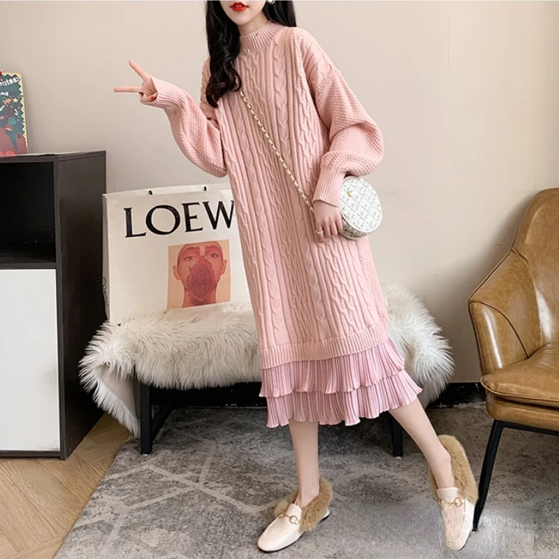 

Elegant 2021 Striped Dress Slim Women Sweater Dress Female Plus Size Knitted Dress Female Midi Jumpers Dress Winter