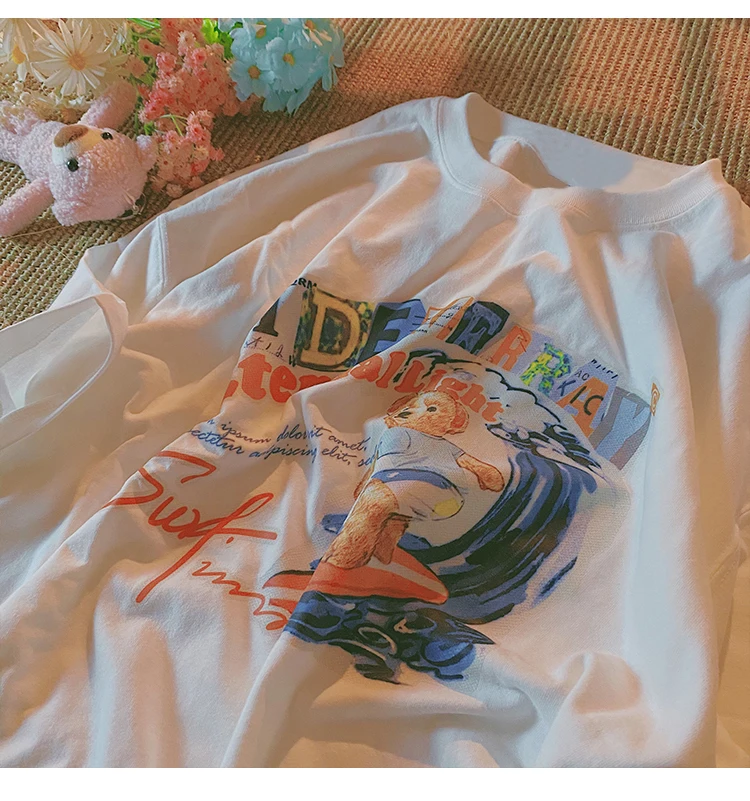 

Summer retro bear print loose short-sleeved T-shirt women's bottoming shirt all-match casual