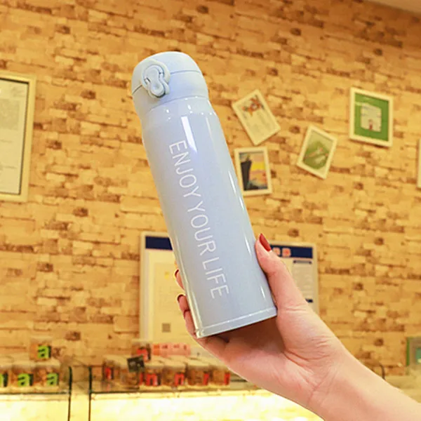 500ml Blue Creative Double Wall Stainless Steel Vacuum Flask Fashion Coffee Tea Thermos Mug Travel Drink Bottle Thermomug for Gifts - Цвет: 500ml Blue