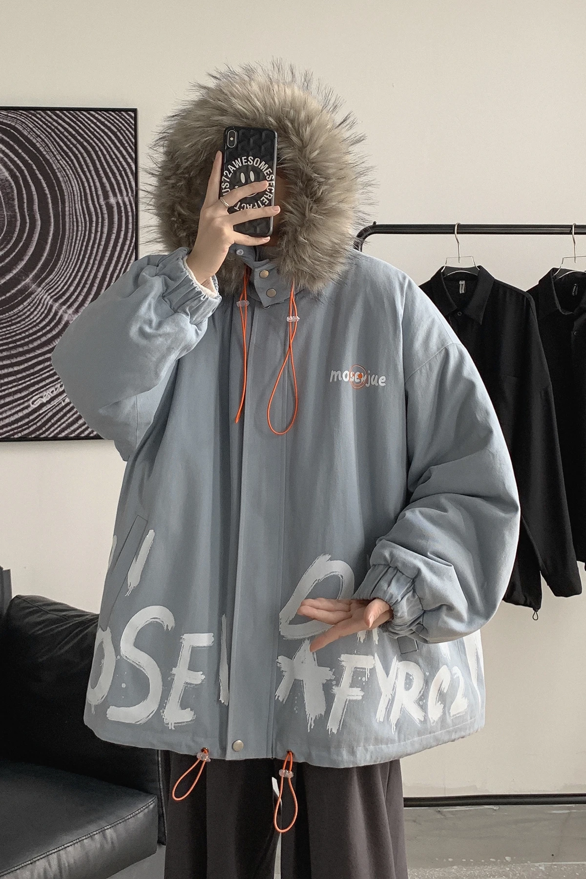 

Graffiti Puffer Jacket Korean Style Printed Loose Casual Hooded Parka Winter Coat