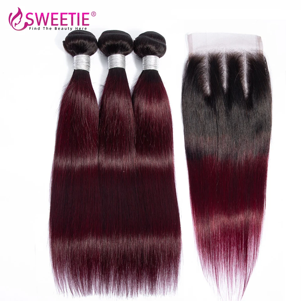 

Sweetie Ombre Bundles With Closure 1b/99J Peruvian Straight Hair Bundles Colored Remy Human Hair Bundles With Lace Closure