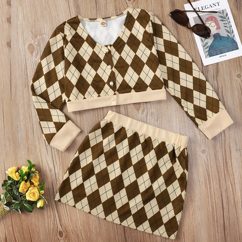 

2021 New Girls' Clothing Sets Autumn Long Sleeve Rhombus Printed Cardigan + Skirt 2-Piece Fashion Children Clothes Set 4-11Y