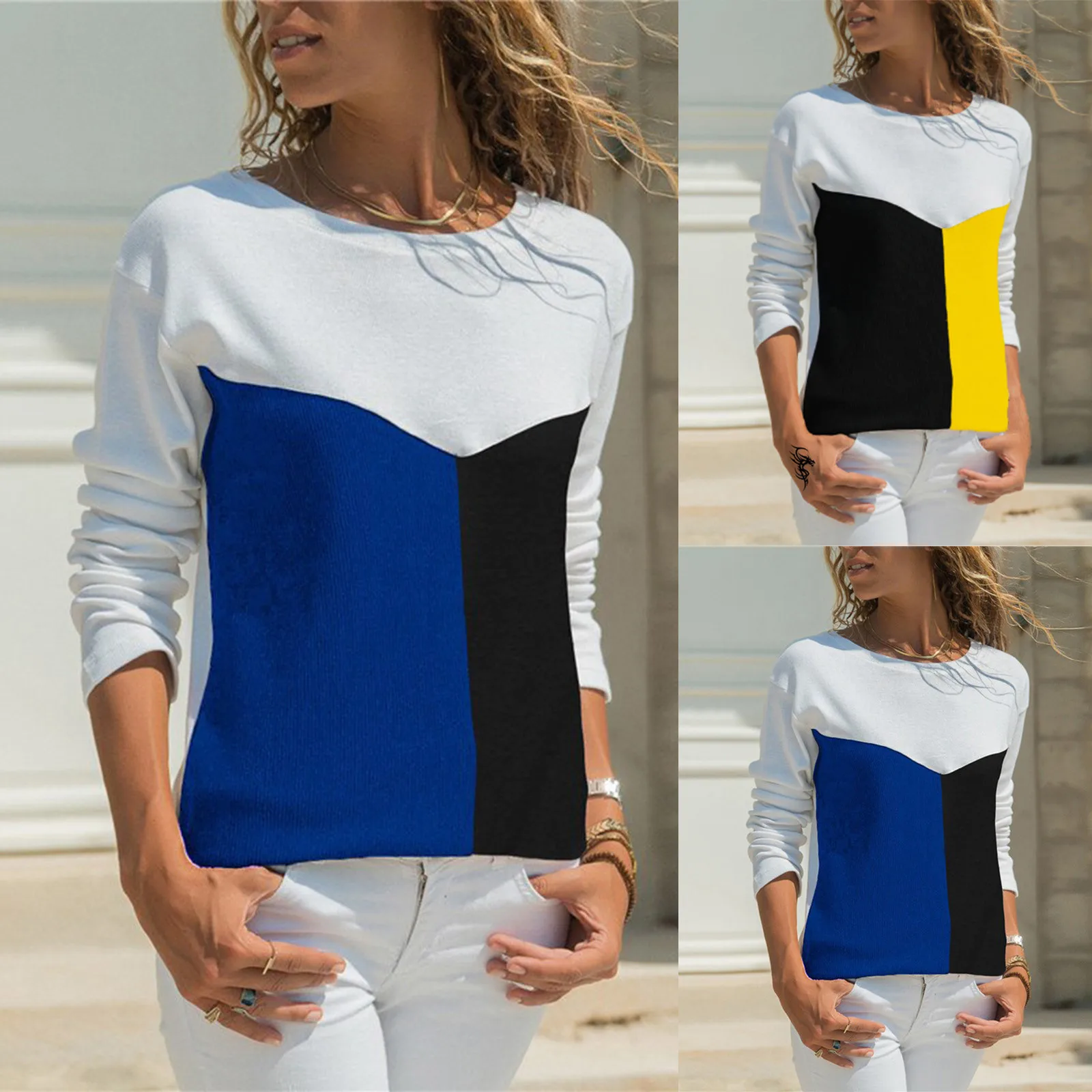 

Модные женские блузки 2021, Повседневная футболка контрастных цветов с круглым вырезом и длинным рукавом, женские блузки