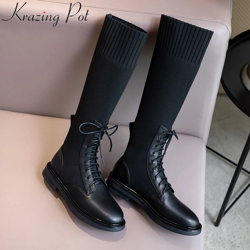 

Krazing Pot 2021 superstar cow leather lace up keep warm winter shoes low heel round toe concise dress solid knee-high boots L90