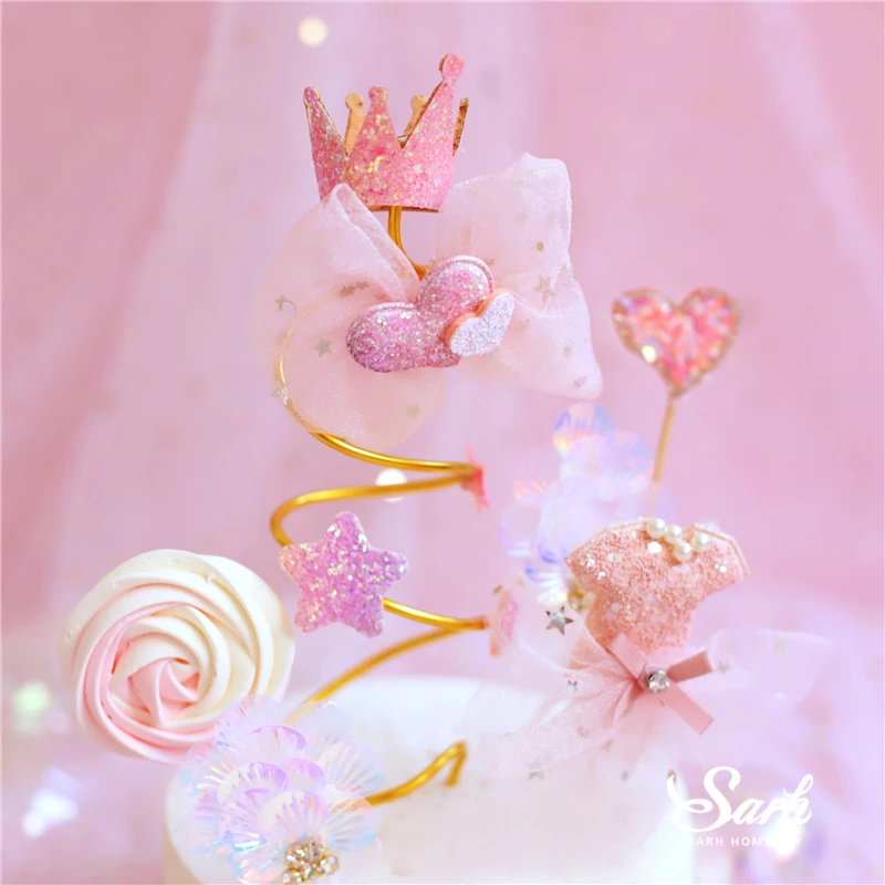 

Pink Mesh Princess Decoration Spiral Yarn Sequin Wedding Party Supplies Bride Castle Happy Birthday Cake Topper Baking Love Gift