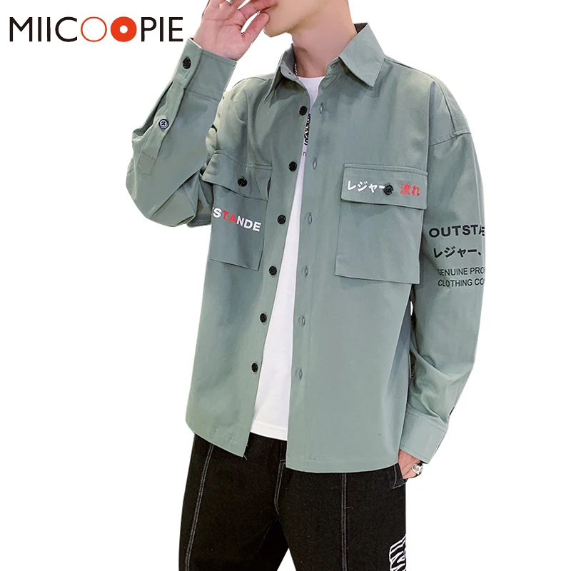 Мужская хлопковая рубашка Harajuku с длинным рукавом в стиле хип-хоп двумя карманами