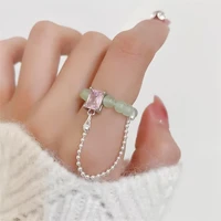 cute green glass bead stretch adjustable charm rings copper chain tassel ring semi precious stones pink rhinestone woman ring